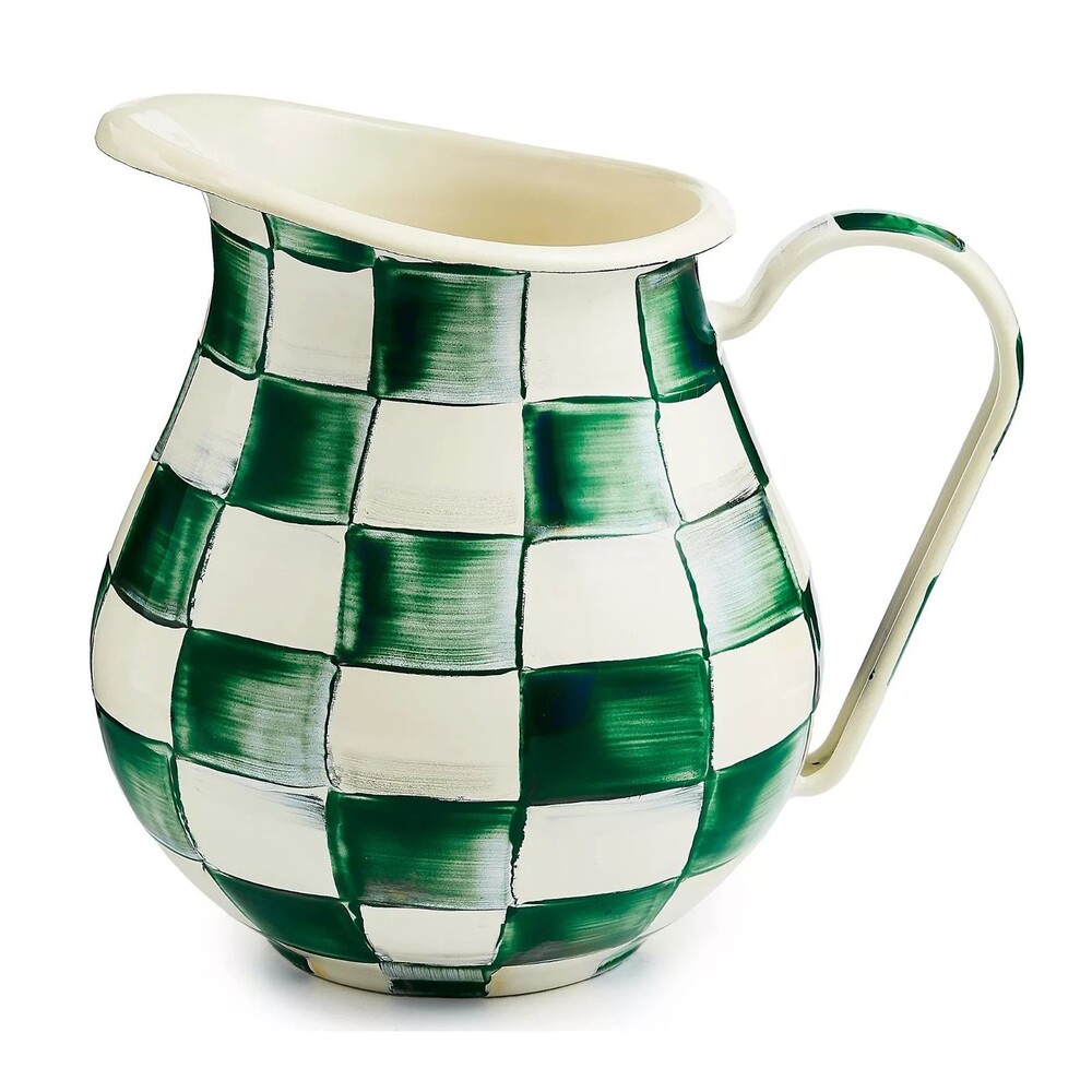 MacKenzie-Childs Emerald Check Enamel Pitcher 3 Qt Green White Hand-Painted New